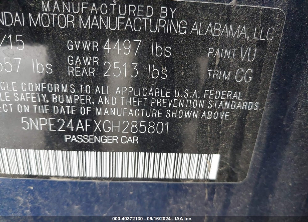 2016 HYUNDAI SONATA SE VIN: 5NPE24AFXGH285801
