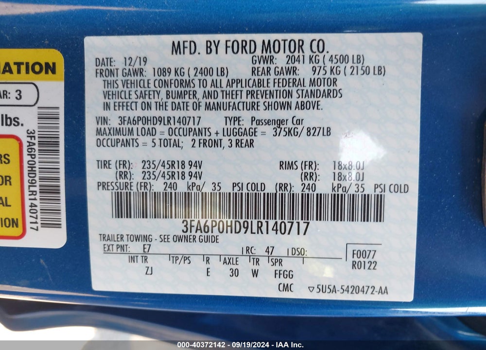 2020 FORD FUSION SE VIN: 3FA6P0HD9LR140717