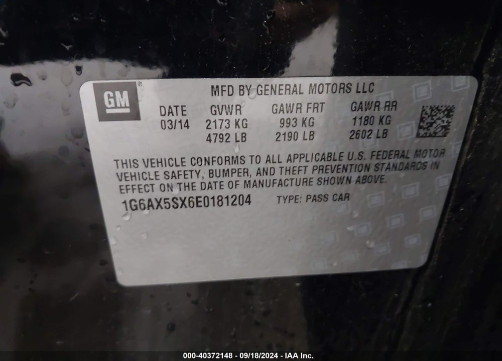 2014 CADILLAC CTS LUXURY VIN: 1G6AX5SX6E0181204