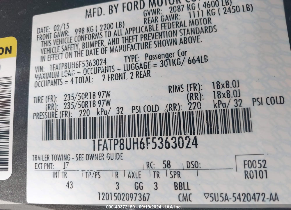 2015 FORD MUSTANG ECOBOOST PREMIUM VIN: 1FATP8UH6F5363024