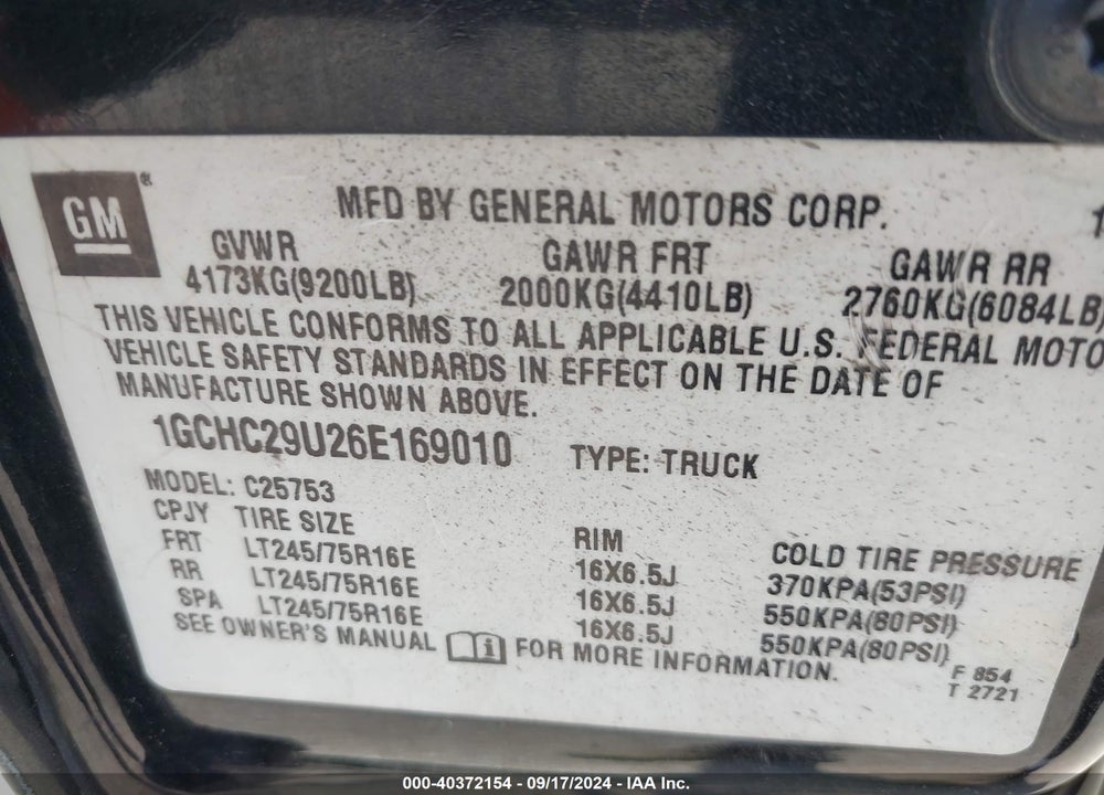 2006 CHEVROLET SILVERADO 2500HD LT1 VIN: 1GCHC29U26E169010