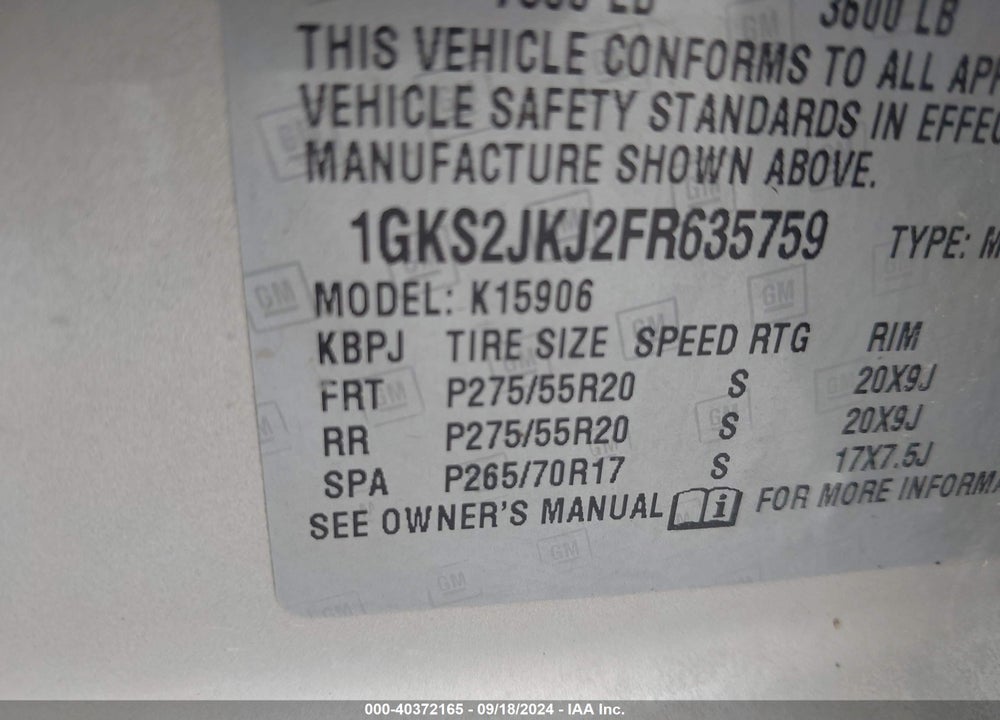 2015 GMC YUKON XL 1500 DENALI VIN: 1GKS2JKJ2FR635759