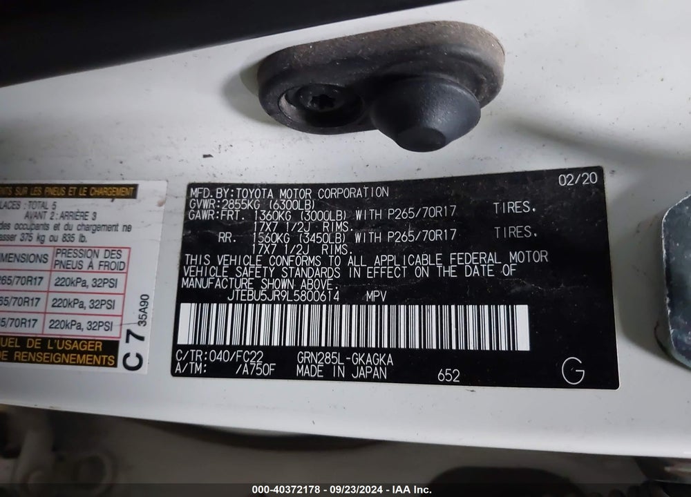 2020 TOYOTA 4RUNNER TRD OFF ROAD VIN: JTEBU5JR9L5800614