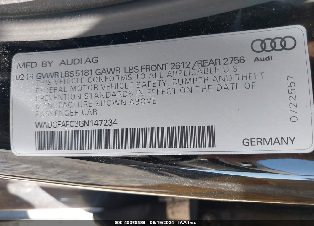 2016 AUDI A6 2.0T PREMIUM PLUS VIN: WAUGFAFC3GN147234