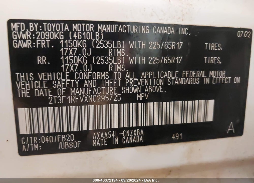 2022 TOYOTA RAV4 LE VIN: 2T3F1RFVXNC295725