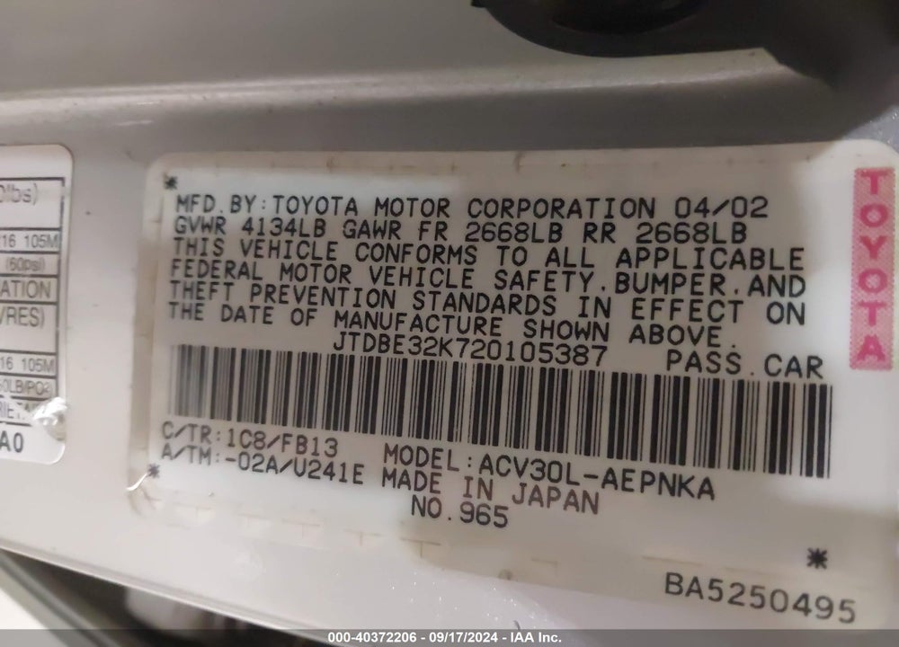 2002 TOYOTA CAMRY LE VIN: JTDBE32K720105387