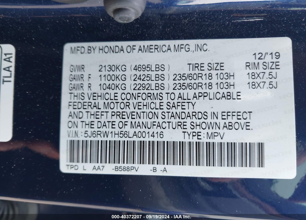 2020 HONDA CR-V 2WD EX VIN: 5J6RW1H56LA001416