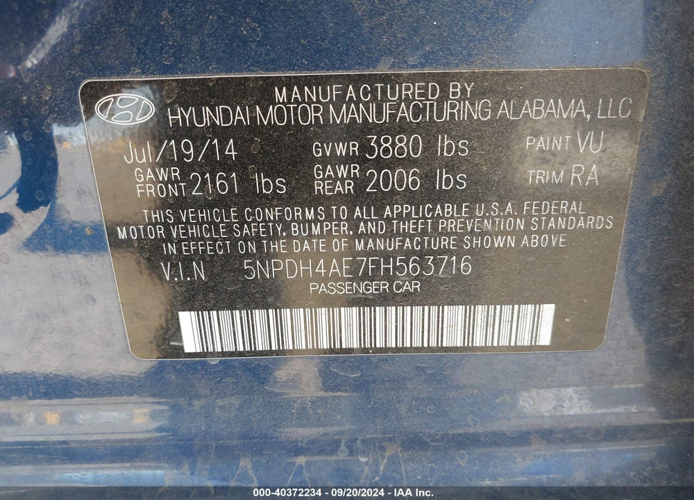 2015 HYUNDAI ELANTRA SE VIN: 5NPDH4AE7FH563716