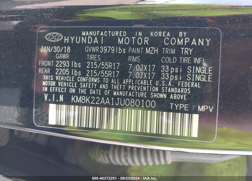 2018 HYUNDAI KONA SEL VIN: KM8K22AA1JU080100