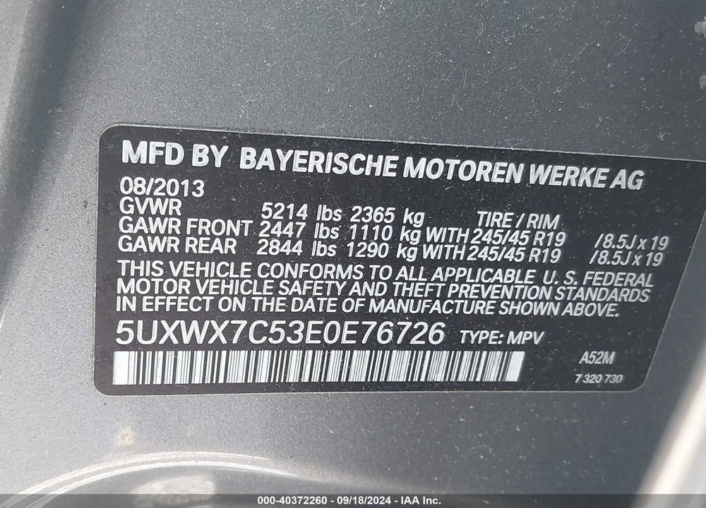 2014 BMW X3 XDRIVE35I VIN: 5UXWX7C53E0E76726