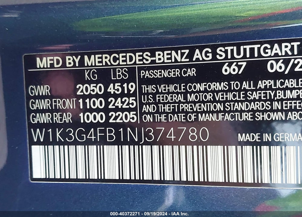 2022 MERCEDES-BENZ A 220 4MATIC VIN: W1K3G4FB1NJ374780
