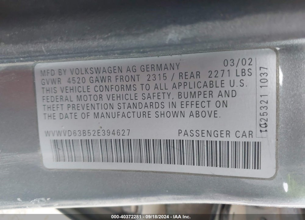 2002 VOLKSWAGEN PASSAT GLS VIN: WVWVD63B52E394627