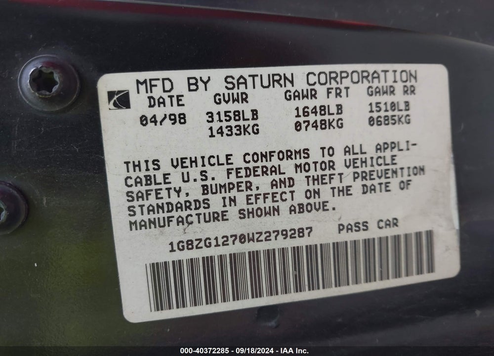 1998 SATURN SC2 VIN: 1G8ZG1270WZ279287