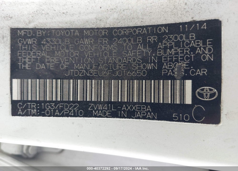 2015 TOYOTA PRIUS V VIN: JTDZN3EU6FJ016650
