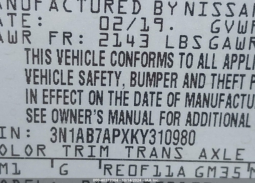 2019 NISSAN SENTRA S VIN: 3N1AB7APXKY310980
