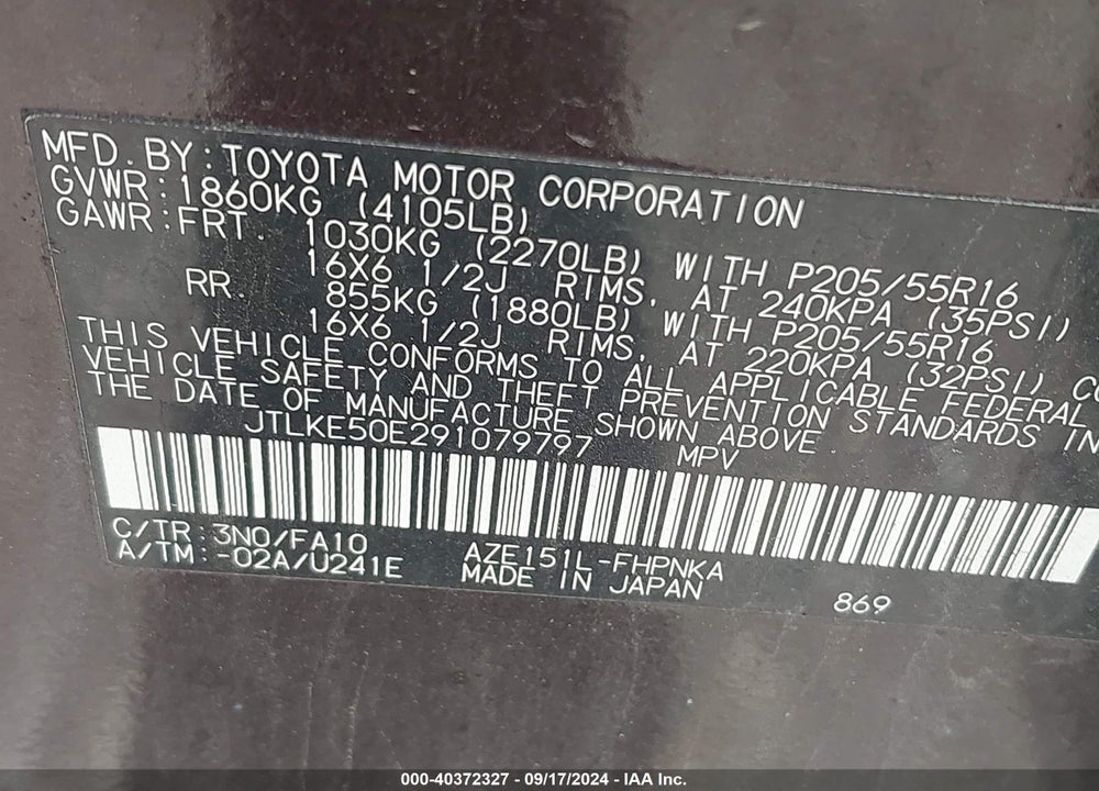 2009 SCION XB VIN: JTLKE50E291079797