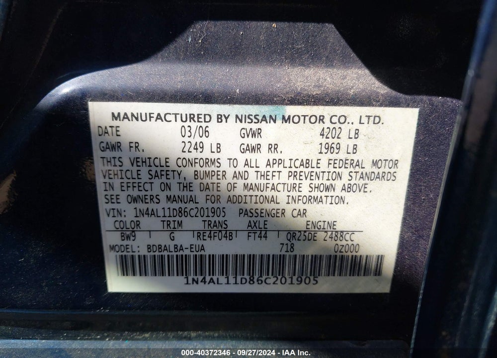 2006 NISSAN ALTIMA 2.5 S VIN: 1N4AL11D86C201905