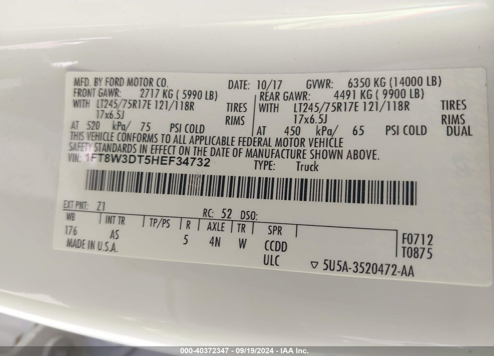2017 FORD F-350 XL VIN: 1FT8W3DT5HEF34732
