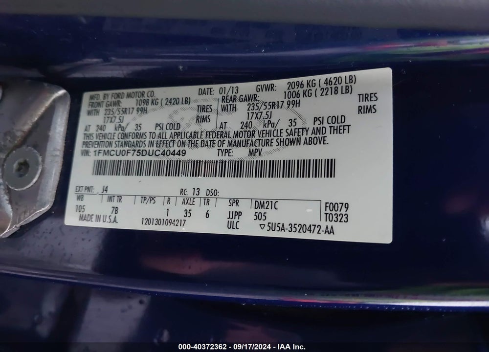 2013 FORD ESCAPE S VIN: 1FMCU0F75DUC40449