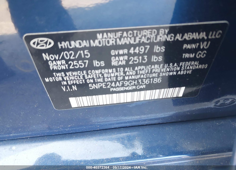 2016 HYUNDAI SONATA SE VIN: 5NPE24AF9GH336186