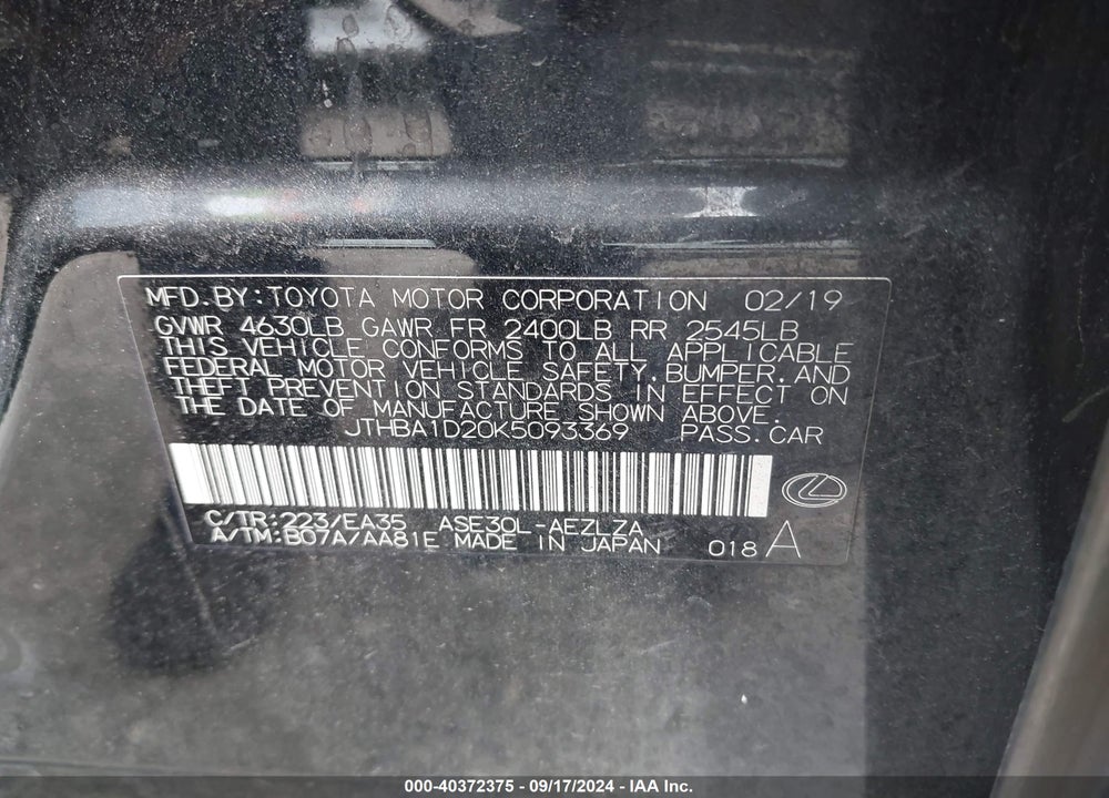 2019 LEXUS IS 300 VIN: JTHBA1D20K5093369