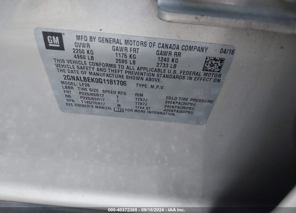 2016 CHEVROLET EQUINOX LS VIN: 2GNALBEK0G1181706