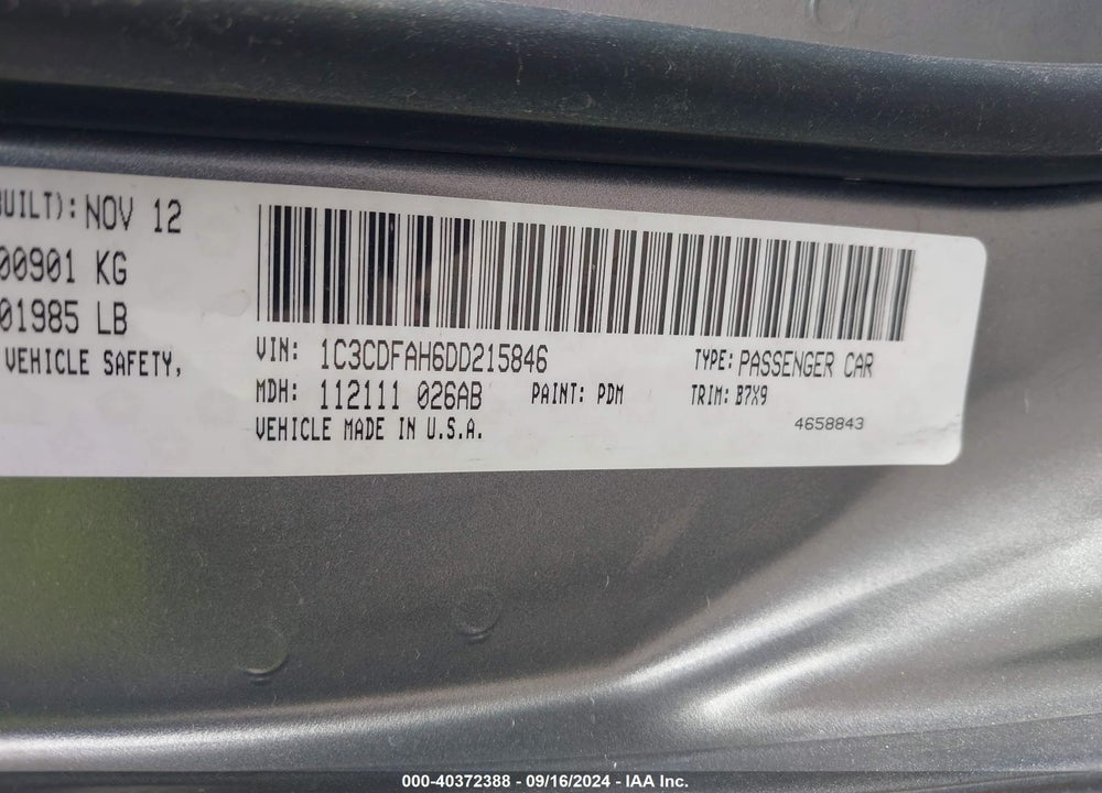 2013 DODGE DART AERO VIN: 1C3CDFAH6DD215846