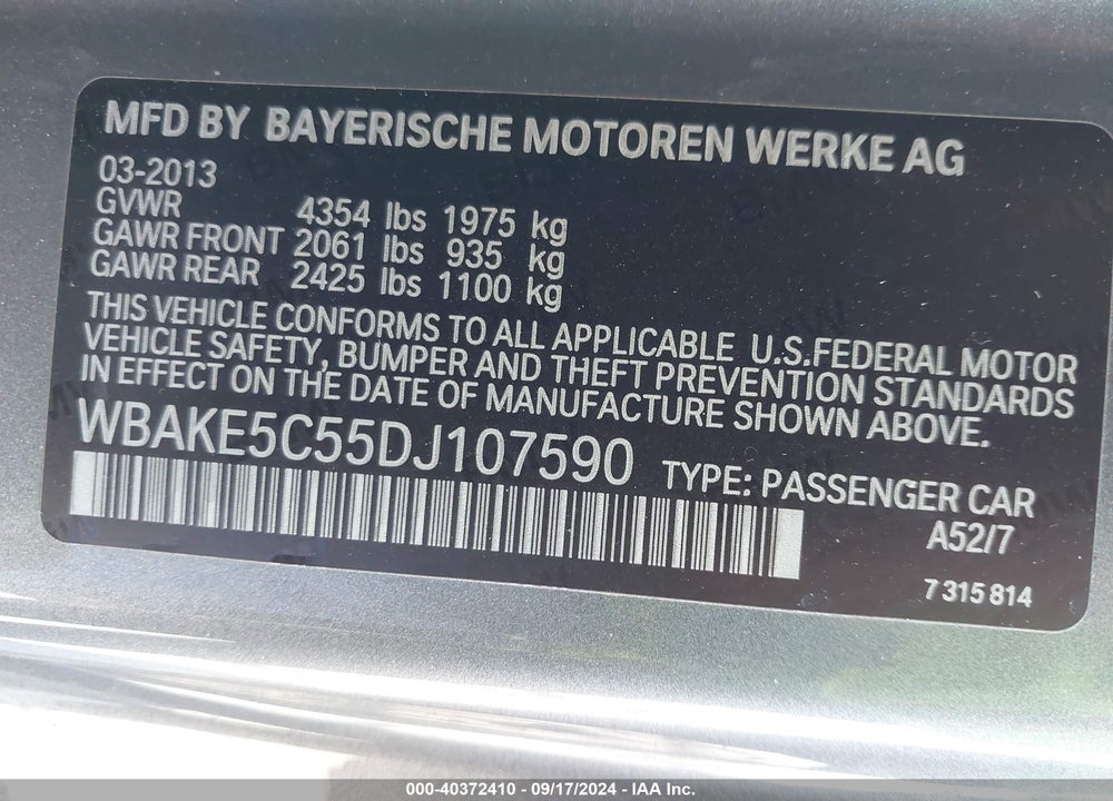 2013 BMW 328I VIN: WBAKE5C55DJ107590