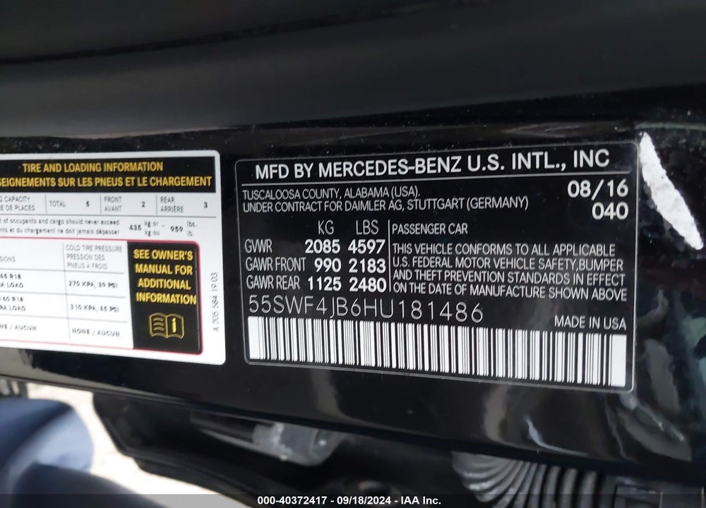 2017 MERCEDES-BENZ C 300 VIN: 55SWF4JB6HU181486