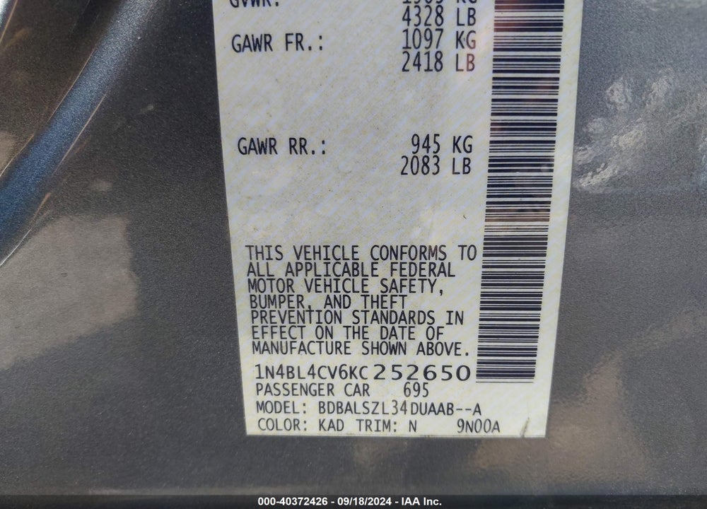 2019 NISSAN ALTIMA 2.5 SR VIN: 1N4BL4CV6KC252650