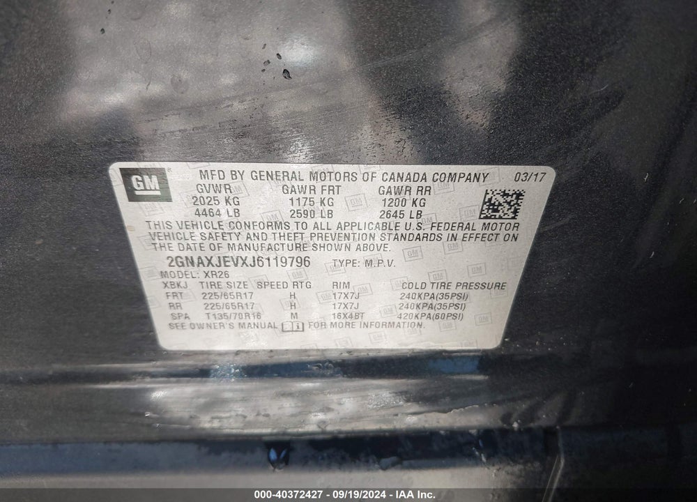 2018 CHEVROLET EQUINOX LT VIN: 2GNAXJEVXJ6119796