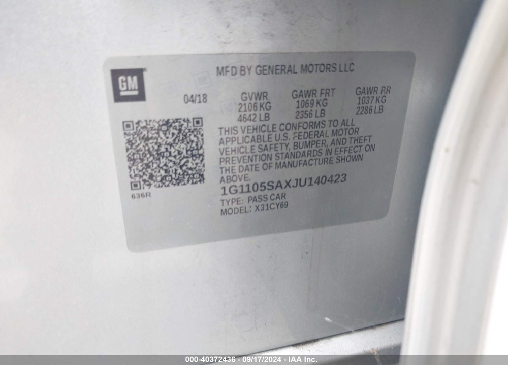 2018 CHEVROLET IMPALA 1LT VIN: 1G1105SAXJU140423