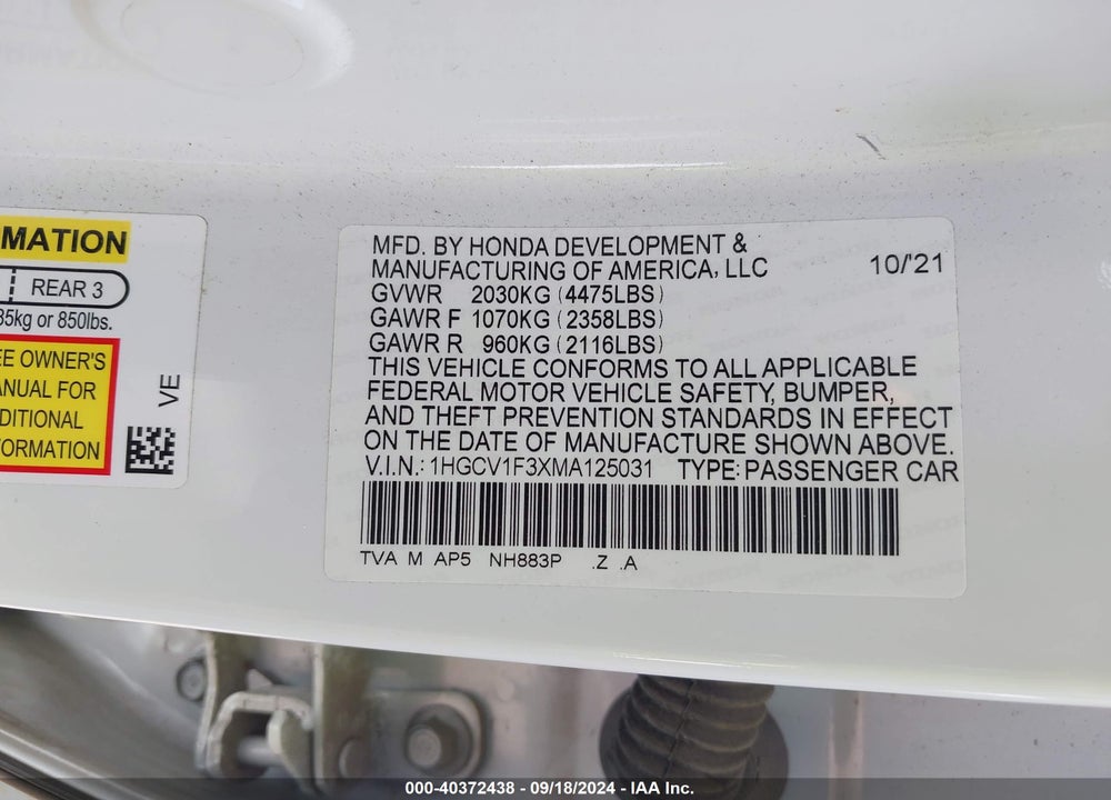 2021 HONDA ACCORD SPORT VIN: 1HGCV1F3XMA125031