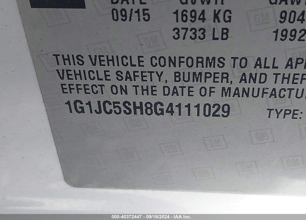 2016 CHEVROLET SONIC LT AUTO VIN: 1G1JC5SH8G4111029