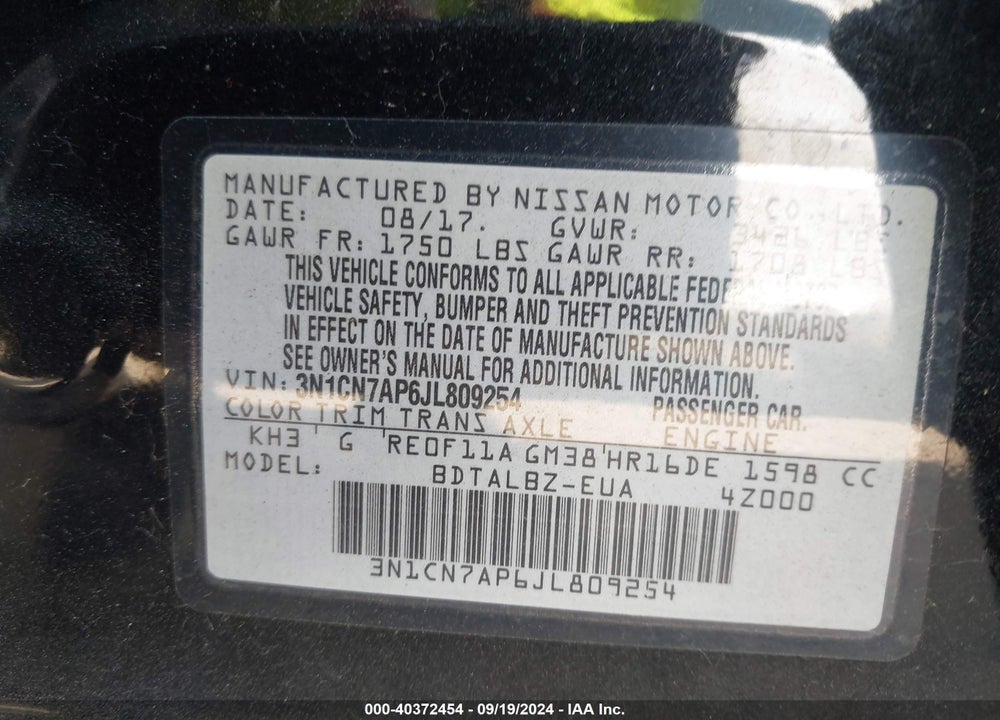 2018 NISSAN VERSA 1.6 SV VIN: 3N1CN7AP6JL809254
