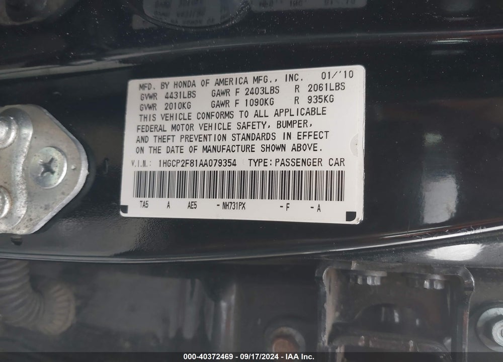 2010 HONDA ACCORD 2.4 EX-L VIN: 1HGCP2F81AA079354