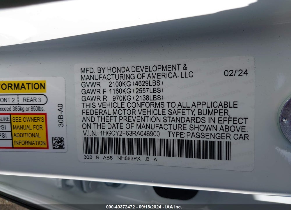 2024 HONDA ACCORD HYBRID EX-L VIN: 1HGCY2F63RA046900
