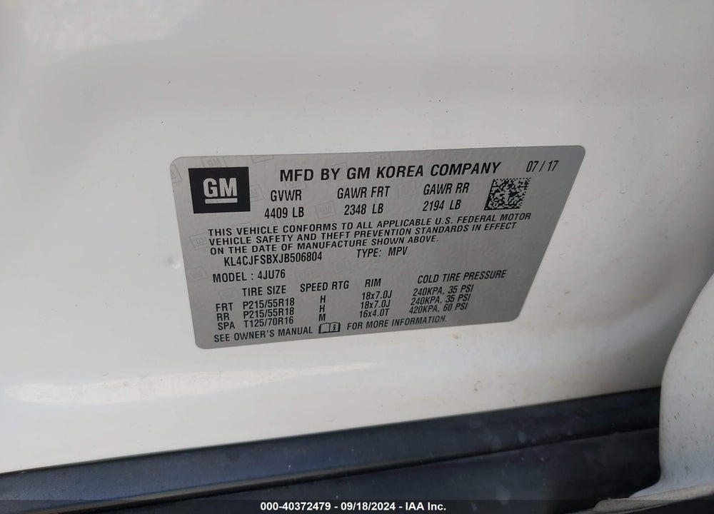 2018 BUICK ENCORE PREFERRED II VIN: KL4CJFSBXJB506804