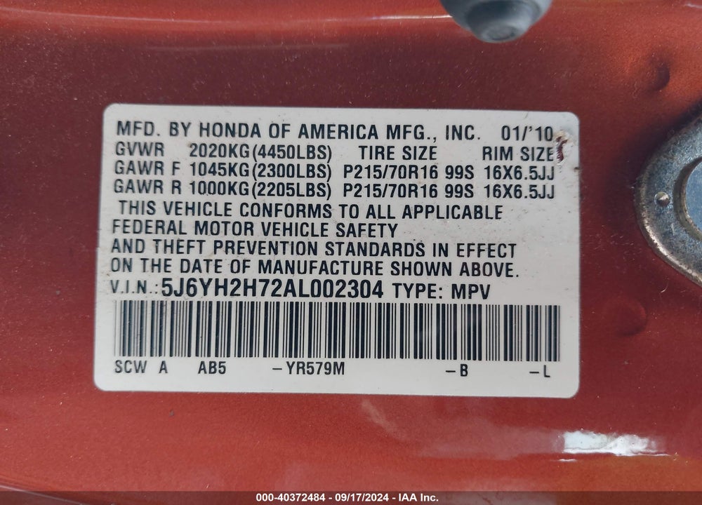 2010 HONDA ELEMENT EX VIN: 5J6YH2H72AL002304