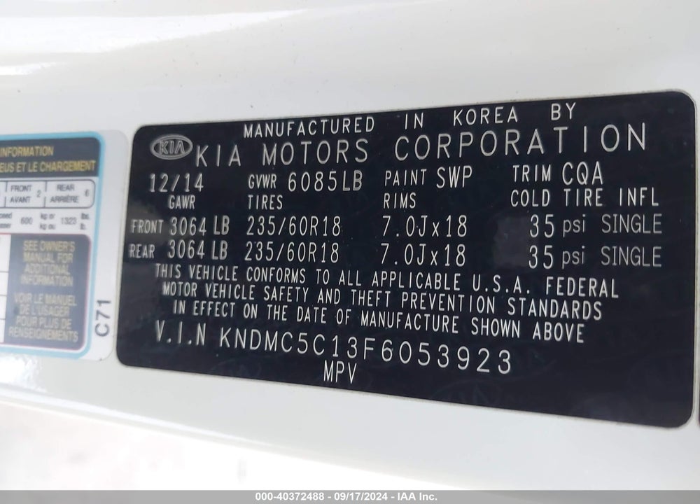 2015 KIA SEDONA EX VIN: KNDMC5C13F6053923