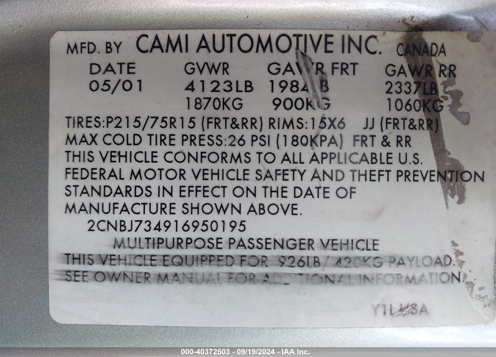 2001 CHEVROLET TRACKER VIN: 2CNBJ734916950195