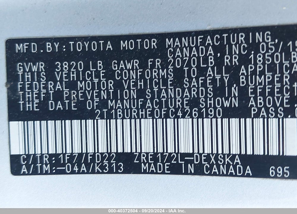 2015 TOYOTA COROLLA S PLUS VIN: 2T1BURHE0FC426190