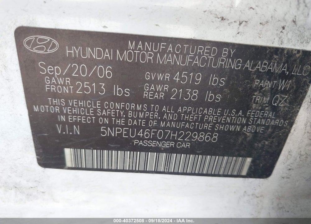 2007 HYUNDAI SONATA LIMITED/SE V6 VIN: 5NPEU46F07H229868