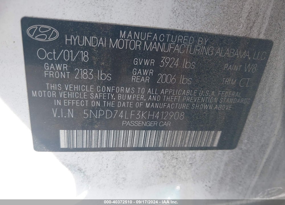 2019 HYUNDAI ELANTRA SE VIN: 5NPD74LF3KH412908