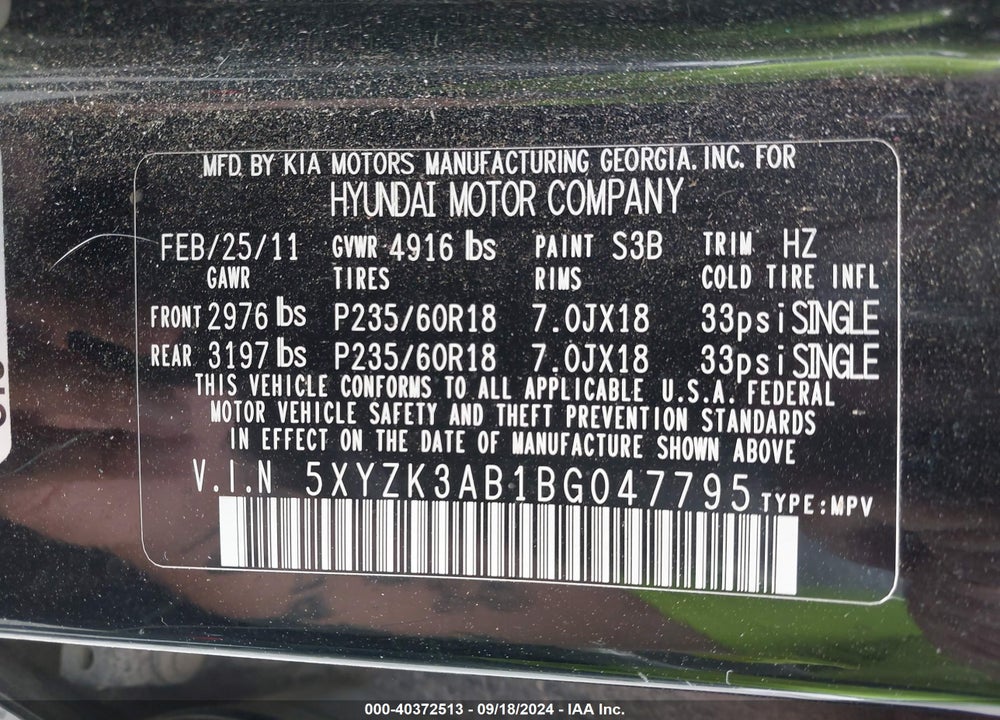 2011 HYUNDAI SANTA FE LIMITED VIN: 5XYZK3AB1BG047795