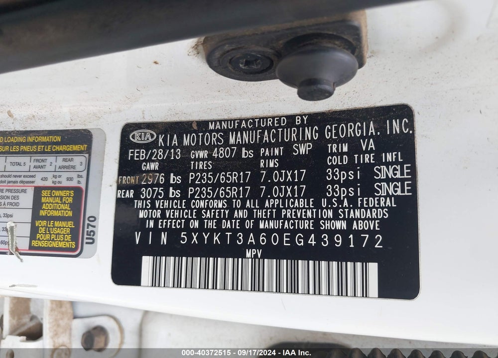 2014 KIA SORENTO LX VIN: 5XYKT3A60EG439172