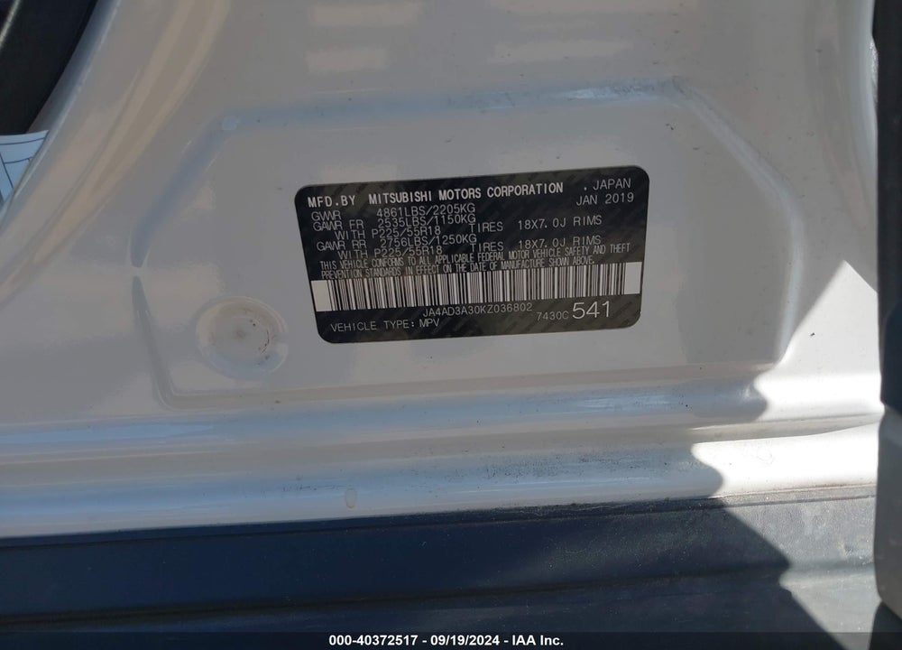 2019 MITSUBISHI OUTLANDER SEL VIN: JA4AD3A30KZ036802