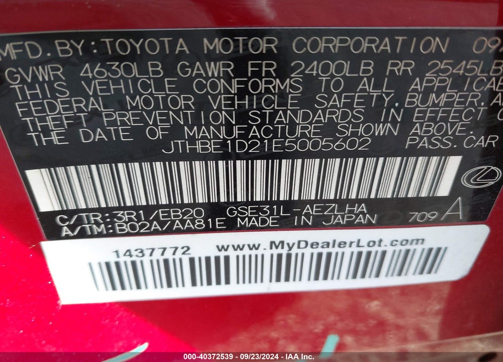 2014 LEXUS IS 350 VIN: JTHBE1D21E5005602
