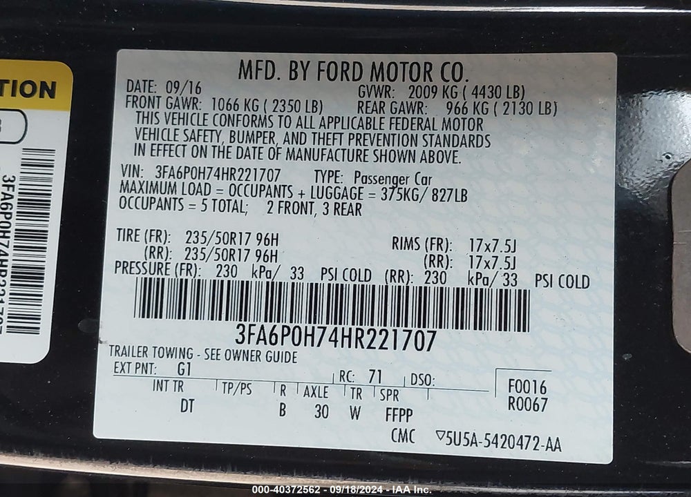 2017 FORD FUSION SE VIN: 3FA6P0H74HR221707
