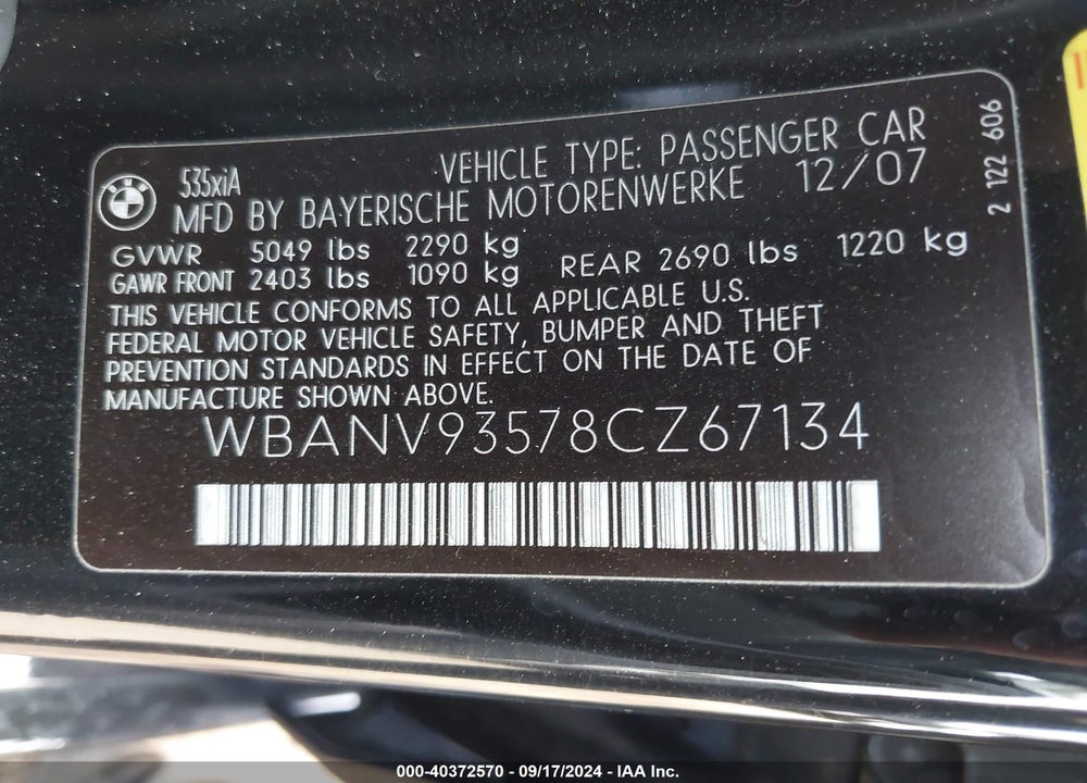 2008 BMW 535XI VIN: WBANV93578CZ67134